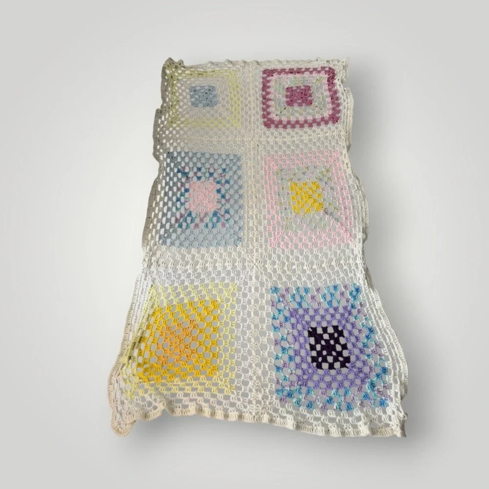 Handmade Crochet Granny Square Throw Blanket Cream Pastel Vintage Nursery Cozy